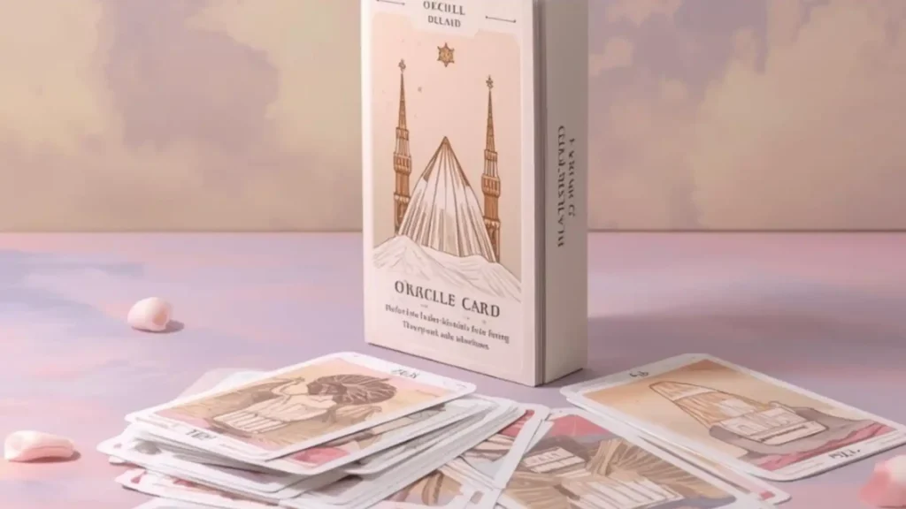 jeux des cartes oracles distribuées sur une table avec des couleurs roses, orange clair et pastel