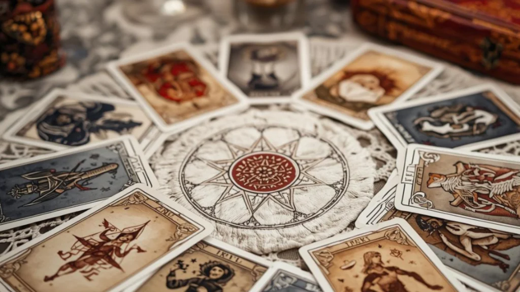 cartes oracle distribues de manière circulaire sur une table , les couleurs sont gris, marrons, oranges et pastel