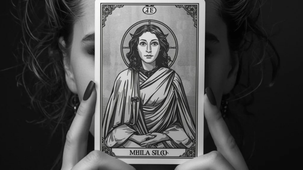 visage de femme couvert par une carte oracle féminine en couleur noir et blanc