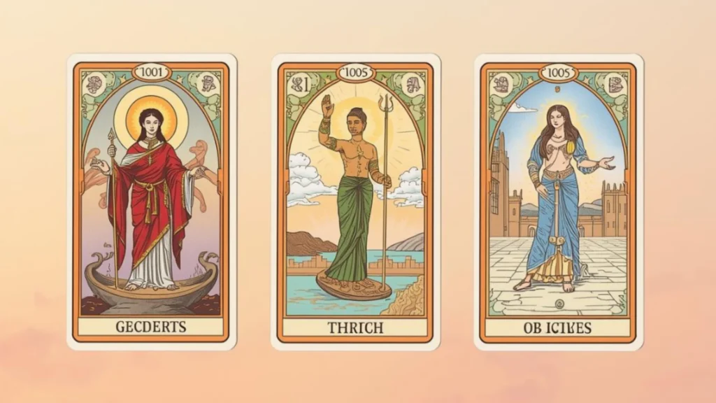 trois cartes de tarot oracle distribuées de manière horizontale avec un fond orange pastel