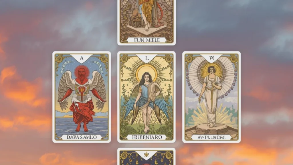 cinq cartes oracles distribuées en format de tirage en croix ave un fond nuageux et couleurs oranges et bleu clair