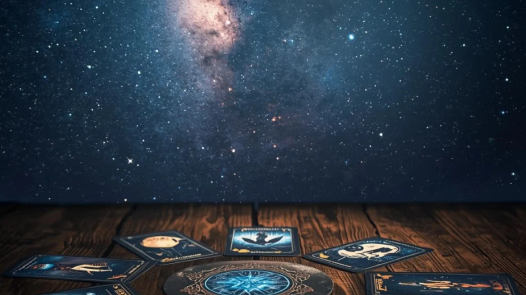 jeux des cartes oracle distribuées sur une table marron avec un fond de ciel bleu étoilé