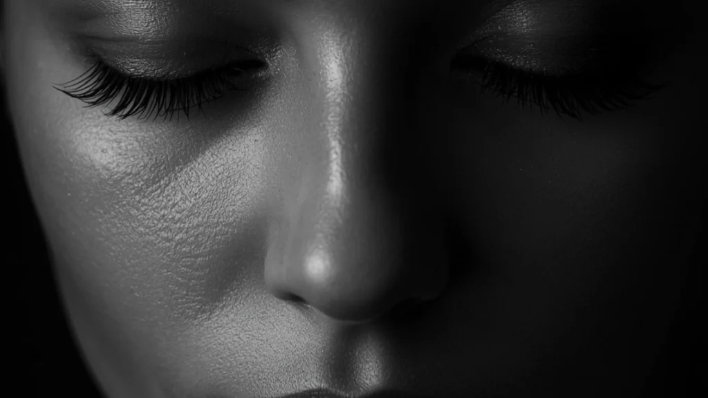 visage féminin en posture de méditation avec des couleurs en noir et blanc aux yeux fermés